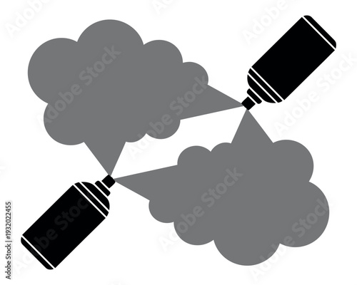 A graphic illustration of two spray paint cans creating gray clouds on a white background