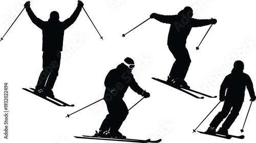 Collection of professional skier silhouettes in various action poses, representing winter sports, downhill skiing, mountain vacations, and athletic 