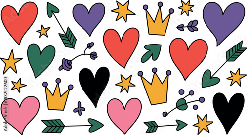 A colorful collection of hand-drawn icons fills the white background with cheerful energy. Various shapes of hearts are mixed with golden crowns and shooting arrows in a playful pattern. T