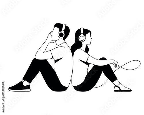 A man and woman sitting back to back wearing headphones and enjoying music together
