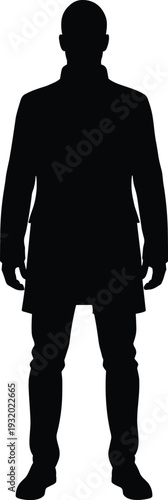 Full length silhouette of a professional man wearing a stylish overcoat and trousers, standing isolated on a white background.