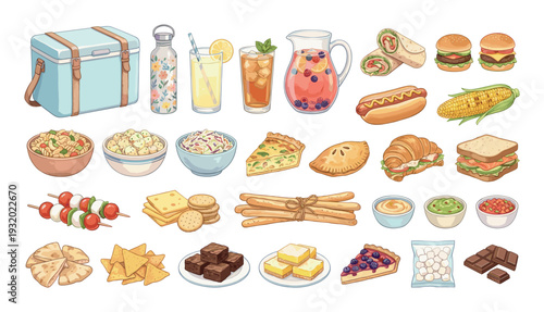 Delicious picnic food assortment with drinks and desserts, perfect for outdoor gatherings