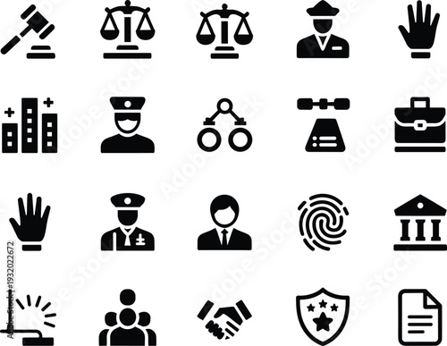 Legal and justice icon set, law enforcement symbols, courthouse silhouettes, scales of justice, handcuffs, and professional legal document pictograms.