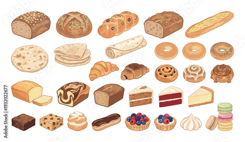 Collection of delicious baked goods and pastries, a sweet and savory assortment