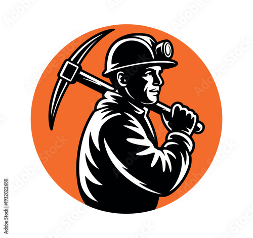 A coal miner in a hard hat holding a pickaxe over his shoulder in a circular orange logo