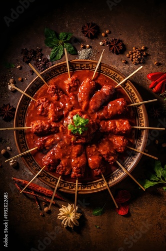Wallpaper Mural Traditional Indonesian sate padang with rich spicy sauce and tender skewers in warm lighting Torontodigital.ca