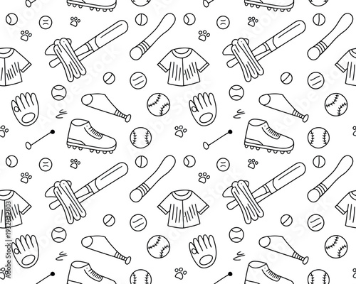 A seamless pattern of black line drawings of baseball equipment on a white background