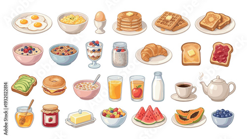 A vibrant collection of delicious breakfast foods and drinks arranged in a grid