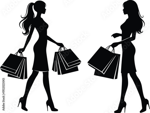 Silhouette of elegant women carrying multiple shopping bags, representing fashion retail therapy, consumerism, seasonal sales, and trendy lifestyle shopping.