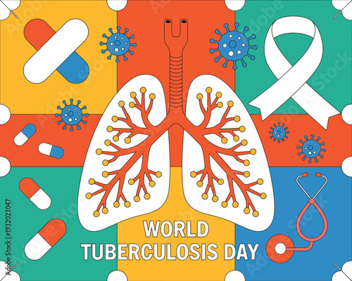 A colorful illustration of lungs and medical symbols for World Tuberculosis Day awareness campaign