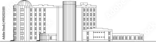 Technical architectural elevation showing building complex with domed structure, prominent cylindrical ribbed tower and stepped terraced sections with repetitive window patterns.