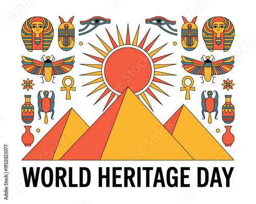A vibrant illustration celebrating World Heritage Day with Egyptian pyramids and symbols