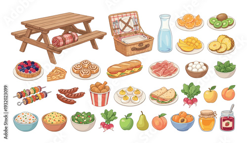 A delightful assortment of picnic foods and accessories laid out on a white background