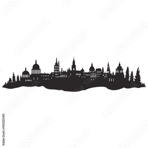 London skyline silhouette, black and white architectural graphic design, iconic city landmarks vector illustration isolated on a white background.