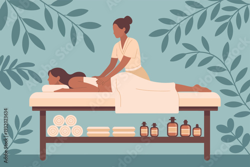 A woman lies comfortably on a massage table while receiving a back treatment. The therapist stands over her to perform a relaxing massage technique on her shoulders.