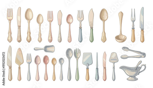 Collection of antique and vintage silverware and serving utensils displayed in rows