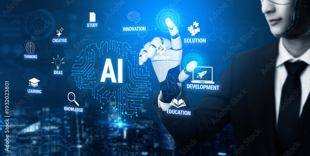Obraz premium Futuristic Man with AI Concepts and Technologies, Focusing on Innovation and Development for Education and Learning Solutions Quark.