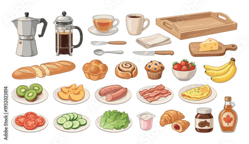 A delightful collection of breakfast foods and beverages arranged for a perfect morning meal