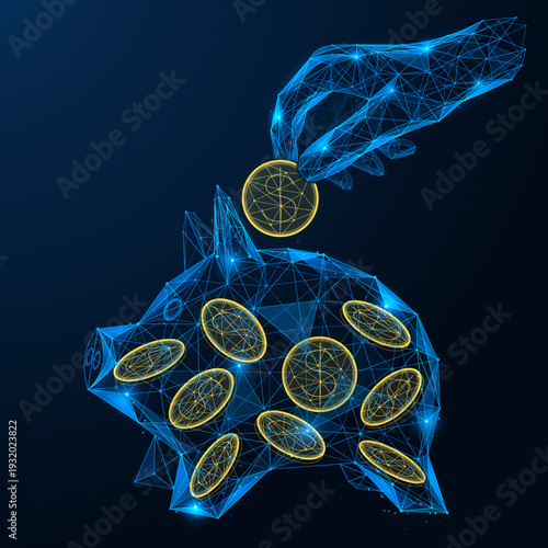 Deposit into a digital piggy bank. The hand drops the coin into the piggy bank. The concept of online savings, account replenishment and personal finance security in a digital fintech environment.