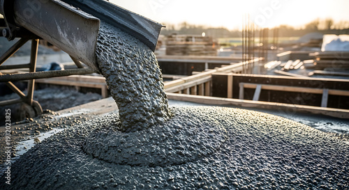 Fresh Wet Concrete Pouring from a Chute into Foundation Forms on a Construction Site