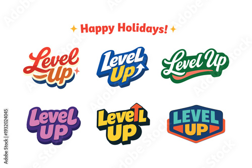 Modern holiday banner with short greeting slogan featuring modern lettering logo set for Level Up with six logo-ready