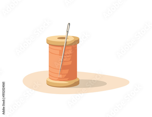 A single spool of orange thread with a needle inserted, isolated on a light background