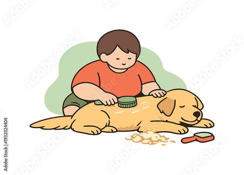 Small person brushes a dog calmly on the floor, guiding strokes along fur as loose hairs gather and the pet stays relaxed. |