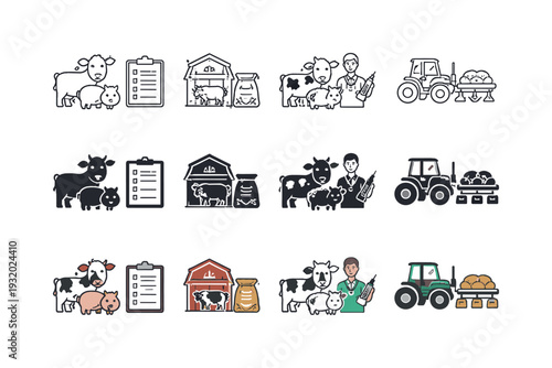 Farm animal icons depicting veterinary care, farming, and agriculture with cows and pigs