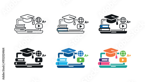 Digital education tools icon showing a tablet or laptop with a graduation cap, books, and learning symbols, representing online