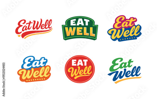 Eat Well Logos. Clean modern holiday banner illustration displaying modern lettering logo set for Eat Well, professional