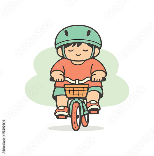 Soft child coasts gently on a bicycle with a helmet, legs slowing as the bike stays upright and calm | child bicycle helmet, flat