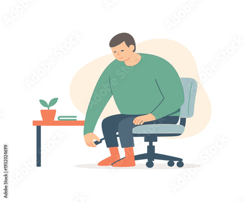 Quiet person adjusts a desk chair, lever pulled gently, seat lowering slightly, posture aligning, calm focus in room. | desk