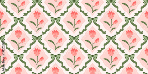 Coquette green bows, spring flowers trellis seamless pattern