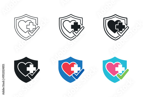 Proactive Health Icons. Proactive health icon featuring a shield with medical cross, heart, and checkmark, symbolizing preventive