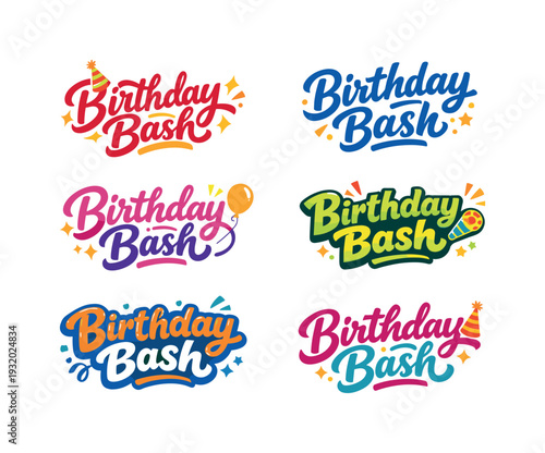 Clean flat holiday banner set illustration featuring modern lettering logo set for Birthday Bash, stock marketplace–ready