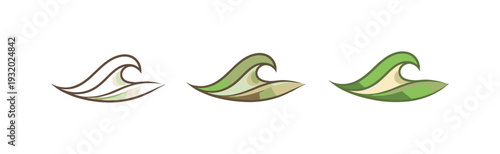 Three stylized wave logos in progression from simple outline to full color
