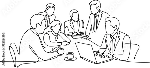 A continuous line drawing captures a group of professionals gathered around a conference table. They appear engaged in a discussion with a laptop and coffee cup present on the surface.