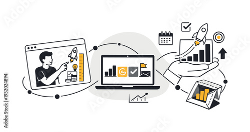 Modern minimal flat vector conceptual collage, crisp hard edges, consistent THIN outline stroke, rounded corners where needed,