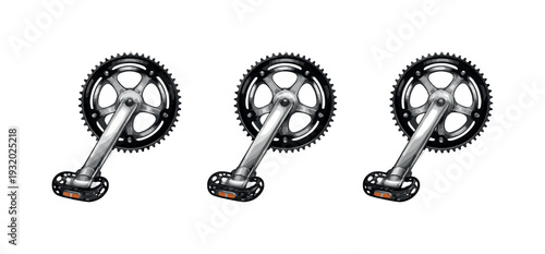 Pedaling action illustrated by a bicycle crankset with chainring and pedals captured as one clear form, same shape displayed side