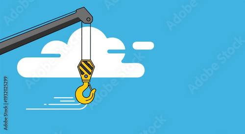 A vector illustration of a crane hook with a striped block descending from an arm, surrounded by clouds against a blue sky, conveying swift motion.