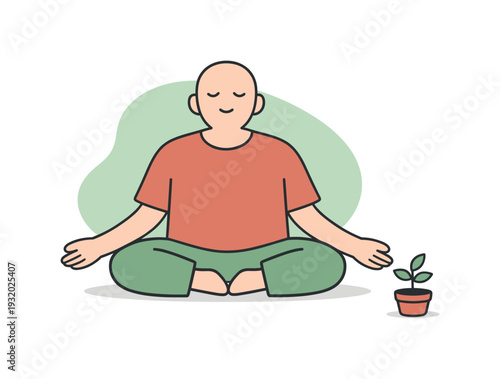 Gentle person meditates near a small plant, arms relaxed as shoulders drop and stillness fills the open space | meditating plant,