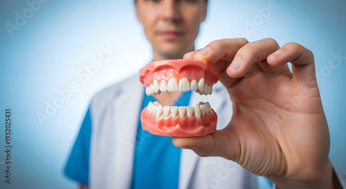 Dentist Holding a Dental Model of Human Teeth and Gums for Oral Health Education
