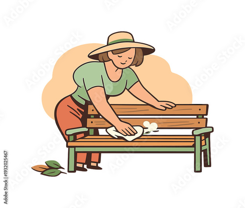 Sunny person wipes a garden bench with a cloth, removing dust as wood slats shine and leaves rest nearby quietly at dusk outside!