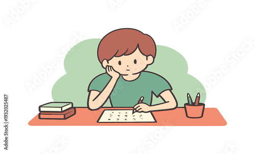 Gentle child practices writing numbers at a desk, hands pausing between strokes, thinking quietly before continuing. | writing