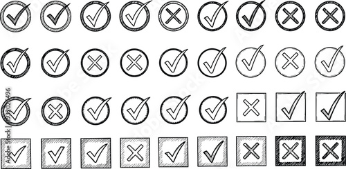Check marks and cross marks vector illustration, approval and disapproval icons, hand-drawn sketch style, decorative black and white design elements artwork
