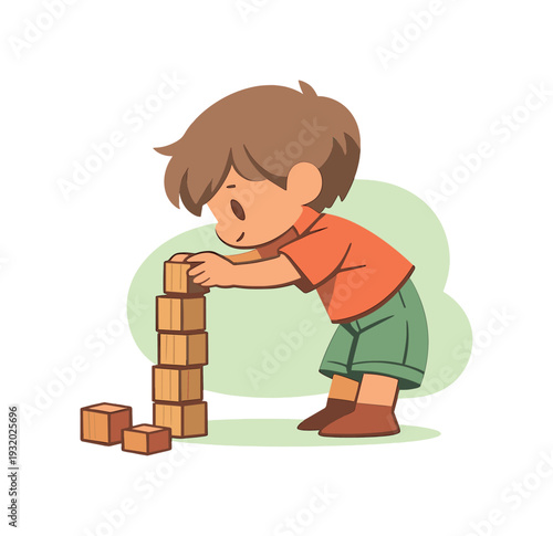 Morning child stacks wooden blocks, body leaning forward as cubes align and the structure grows steadily | child wooden blocks,