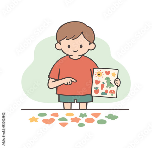 Quiet child stands before a sticker sheet, finger hovering while smiling softly as colorful shapes spread across a table nearby.
