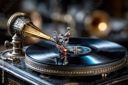 Antique gramophone playing a vinyl record at a vintage music shop in the afternoon