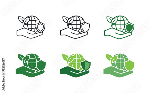 Green protection icon depicting a hand holding the planet with leaves and shield, symbolizing environmental protection,