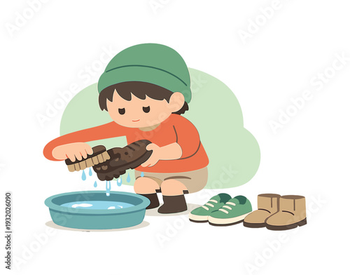 Cozy child cleans muddy shoes with a brush, scrubbing soles carefully as water drips and pairs rest nearby neatly. | cleaning